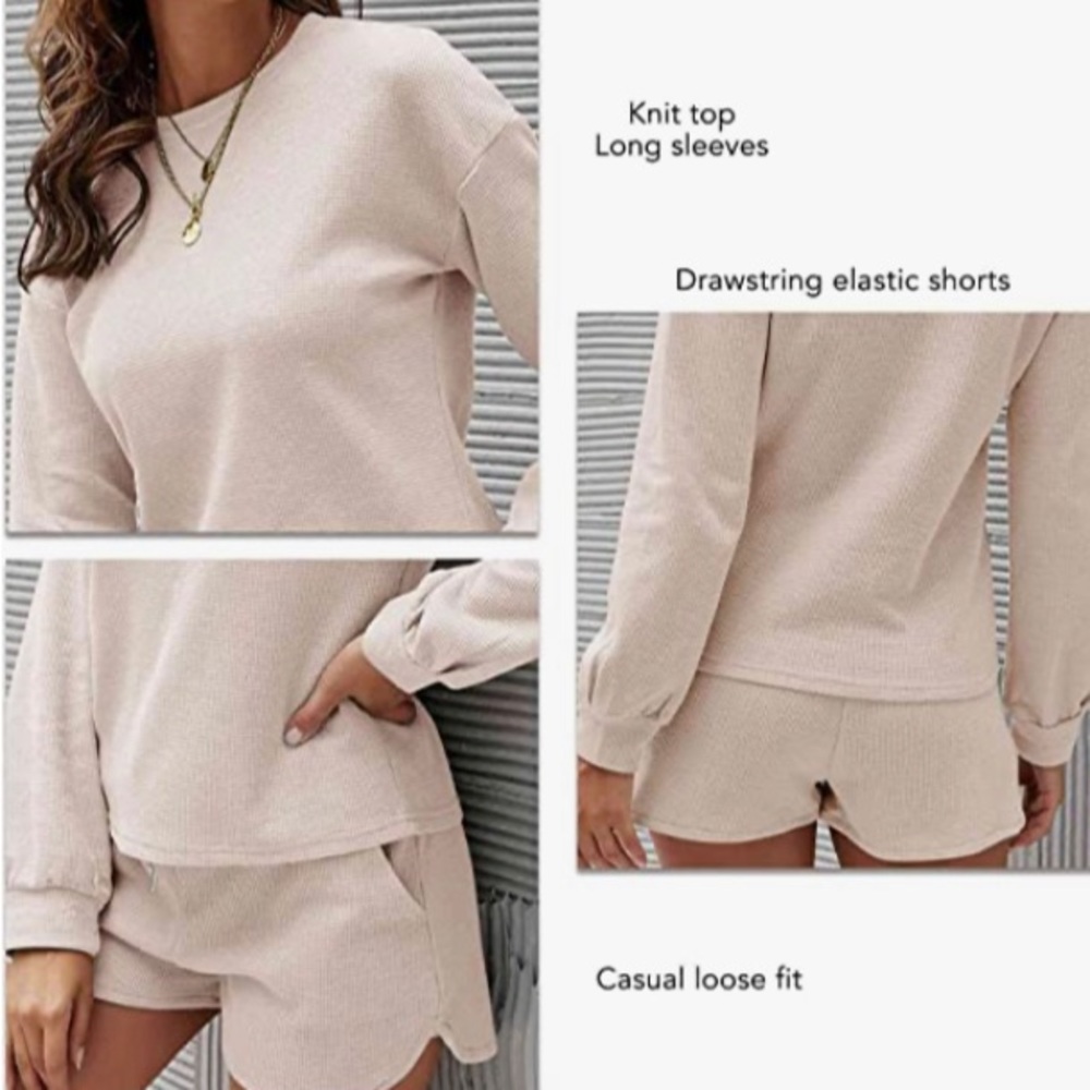 Lounge Pajama Set Waffle Knit Long Sleeve Top and Shorts Size M/L - Picture 4 of 5